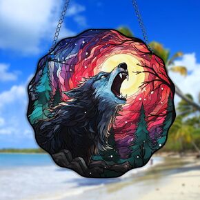 Roaring Wolf Stained Acrylic Window Hangings Panels Forest Moon Ornaments for Indoor Window Decorations Gifts for Mom Grandma Teacher Jungle Animal Lover