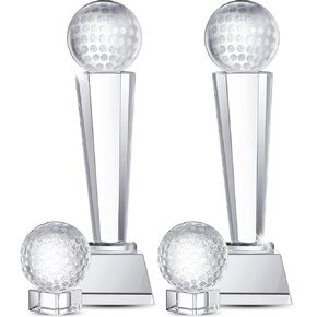 4 Pcs Golf Trophy 2 x 2.6 Inch Crystal Glass Trophy Award with Display Stand Base and Elegant Gift Box 9.1 x 2.8 Inch Golf Tournament Prizes Golf Ball Statue for Adults Kids Sports Table Decor
