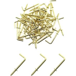Maxmoral 60PCS Screw Hooks Golden 3/4 inch L Shape Photo Frame Copper Plated Right Angle Hooks Fixed Cup Hooks Metal Right Angle Hooks for Jewelry Toys Crafts Gifts and Hooks Pendants