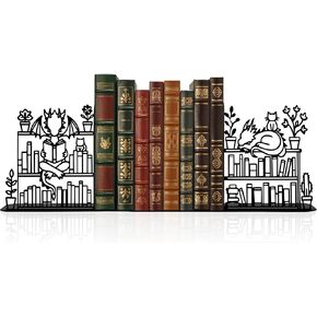 Metal Dragon Reading Book Decorative Bookend 9.1x 4.7 Inches, Unique Dragon Bookends Decorative, Fantasy Dragon Decor,Cute and Fantasy Bookends with Dragon and Cat Lying on The Bookshelf Pattern