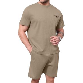 ThusFar Men's Waffle Shirt and Shorts Set 2 Piece Outfits Summer Tracksuits Set with Pockets Athletic Casual Outfits