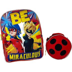 United Pacific Designs OUBL: حقيبة ظهر Miraculous Ladybug مقاس 16 بوصة مع حقيبة غداء مستديرة، حمراء، كبيرة