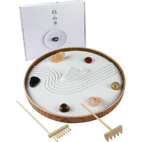 Japanese Zen Garden for Desk - Static Mountain 10" x 10" Desktop Mini Zen Garden with White Sand Artificial Tree Rocks Rakes & Accessories - Meditation Zen Gifts Sand Garden Kit for Office Zen Decor