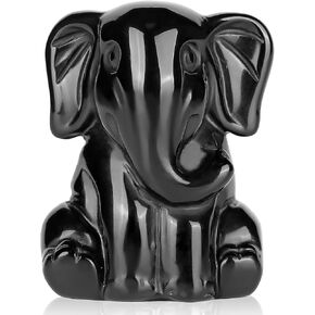 Crystal Elephant Figurine Home Decor 1.5" Black Obsidian Hand Carved Cute Animal Statue Paperweight Reiki Healing Small Sculpture Stone with Gift Case for Women, Men