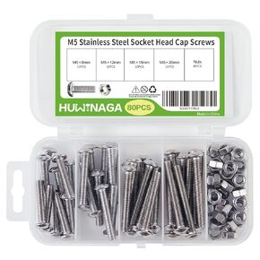 80 PCS M5 Socket Head Cap Bolts Screws and Nuts Assortment Kit,304 Stainless Steel 18-8, Allen Hex Drive,Full Thread, Bright Finish,8/12/16/20mm