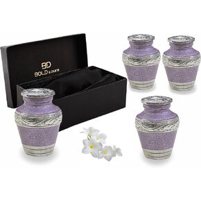 BOLD & DIVINE Small Pearl White Keepsake Urns | for Human Ashes or Pet Ashes | Purple Enamel Textured Mini Urn Set of 4 | 2.75" Tall Urns & 4 Individual Velvet Bags