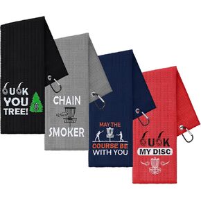 4 Pcs Disc Golf Towels with Clip Funny Embroidered Golf Bag Towels Disc Golf Towels Disc Golf Accessories Disc Golf Gifts for Men Women Disc Golfers
