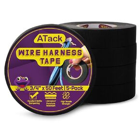 ATack Wire Harness Tape Black Cloth Tape Wire Loom Tape 3/4 Inch x 50-Feet (5-Pack 250 Feet) High Temperature Cloth Electrical Tape Automotive Electrical Tape, Cloth Tape Automotive Tape