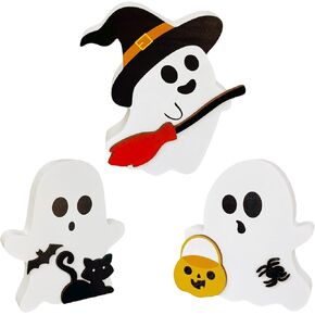 3 Pcs Cute Ghost Halloween Decorations for Indoors, Spooky Decorations, Wooden Tiered Tray Decor Table Sign, Black Cat, Bat, Witch Broom Signs, Pumpkin Blocks for Party Home Shelf Display
