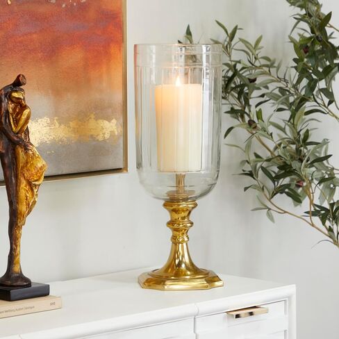 Deco 79 Aluminum Metal Hurricane Lamp Single Candle, 7" x 7" x 20", Gold in Saudi Arabia