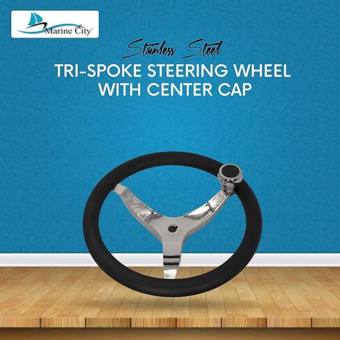 MARINE CITY 316 Stainless Steel Sports Style Tri-Spoke Design Steering Wheel with Center Cap/Knob and PU Foam 13-1/2 Inches Diameter – 3/4 Inches Tapered Shaft for Marines – Boats – Yachts in Saudi Arabia