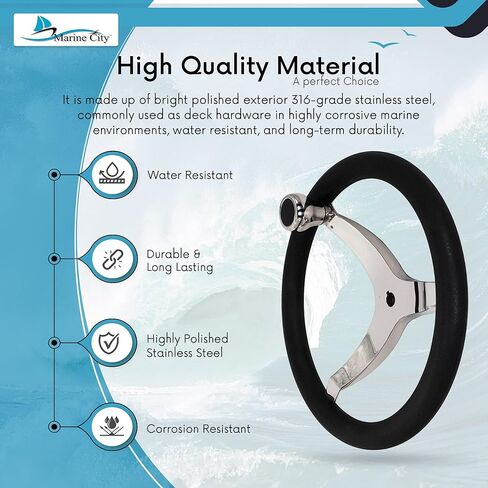 MARINE CITY 316 Stainless Steel Sports Style Tri-Spoke Design Steering Wheel with Center Cap/Knob and PU Foam 13-1/2 Inches Diameter – 3/4 Inches Tapered Shaft for Marines – Boats – Yachts in Saudi Arabia