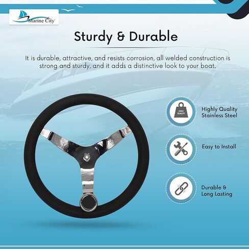 MARINE CITY 316 Stainless Steel Sports Style Tri-Spoke Design Steering Wheel with Center Cap/Knob and PU Foam 13-1/2 Inches Diameter – 3/4 Inches Tapered Shaft for Marines – Boats – Yachts in Saudi Arabia