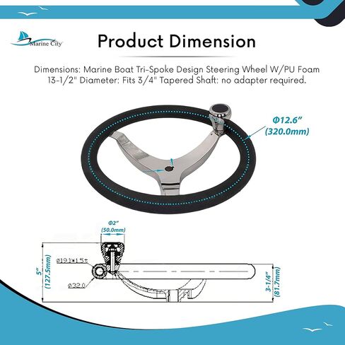 MARINE CITY 316 Stainless Steel Sports Style Tri-Spoke Design Steering Wheel with Center Cap/Knob and PU Foam 13-1/2 Inches Diameter – 3/4 Inches Tapered Shaft for Marines – Boats – Yachts in Saudi Arabia
