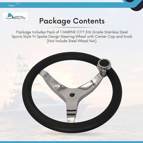 MARINE CITY 316 Stainless Steel Sports Style Tri-Spoke Design Steering Wheel with Center Cap/Knob and PU Foam 13-1/2 Inches Diameter – 3/4 Inches Tapered Shaft for Marines – Boats – Yachts in Saudi Arabia