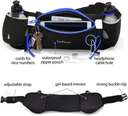 LotFancy Running Belt with Bottle Holder, Hydration Belt for Women Men, Fuel Marathon Waist Pouch for Runners, Reflective Fanny Pack for Any Phone Size in Saudi Arabia