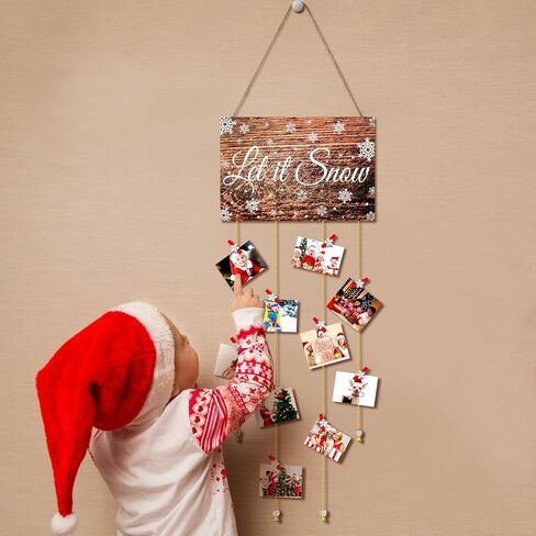 Christmas Card Holder Display Wooden Christmas Tree Let It Snow Wall Hanging Picture Holder with 35 Snowflake Wooden Photo Clips Picture Frame Decoration for Hanging Christmas Cards Photo Paper Crafts in Saudi Arabia