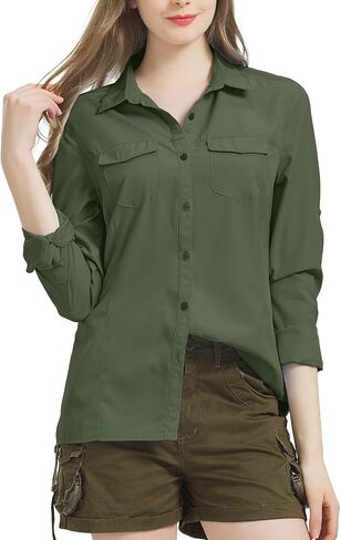 قمصان سفاري للسيدات بعامل حماية من أشعة الشمس 50+، سريعة الجفاف وخفيفة الوزن للاستخدام الخارجي وصيد الأسماك والمشي لمسافات طويلة والسفر مع جيوب بسحاب، 5073 Army XL in Kuwait