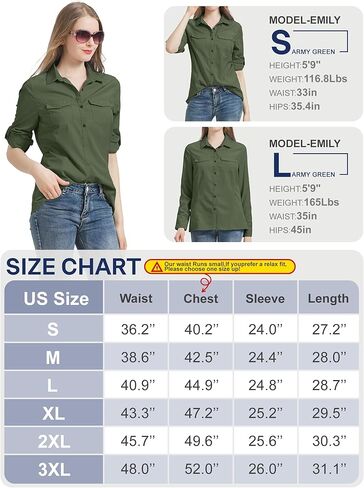 قمصان سفاري للسيدات بعامل حماية من أشعة الشمس 50+، سريعة الجفاف وخفيفة الوزن للاستخدام الخارجي وصيد الأسماك والمشي لمسافات طويلة والسفر مع جيوب بسحاب، 5073 Army XL in Kuwait