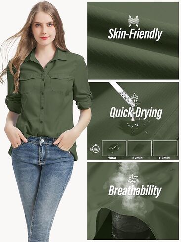 قمصان سفاري للسيدات بعامل حماية من أشعة الشمس 50+، سريعة الجفاف وخفيفة الوزن للاستخدام الخارجي وصيد الأسماك والمشي لمسافات طويلة والسفر مع جيوب بسحاب، 5073 Army XL in Kuwait
