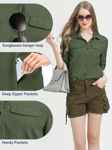 قمصان سفاري للسيدات بعامل حماية من أشعة الشمس 50+، سريعة الجفاف وخفيفة الوزن للاستخدام الخارجي وصيد الأسماك والمشي لمسافات طويلة والسفر مع جيوب بسحاب، 5073 Army XL in Kuwait