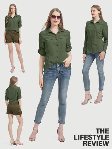 قمصان سفاري للسيدات بعامل حماية من أشعة الشمس 50+، سريعة الجفاف وخفيفة الوزن للاستخدام الخارجي وصيد الأسماك والمشي لمسافات طويلة والسفر مع جيوب بسحاب، 5073 Army XL in Kuwait