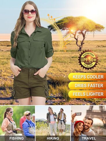 قمصان سفاري للسيدات بعامل حماية من أشعة الشمس 50+، سريعة الجفاف وخفيفة الوزن للاستخدام الخارجي وصيد الأسماك والمشي لمسافات طويلة والسفر مع جيوب بسحاب، 5073 Army XL in Kuwait