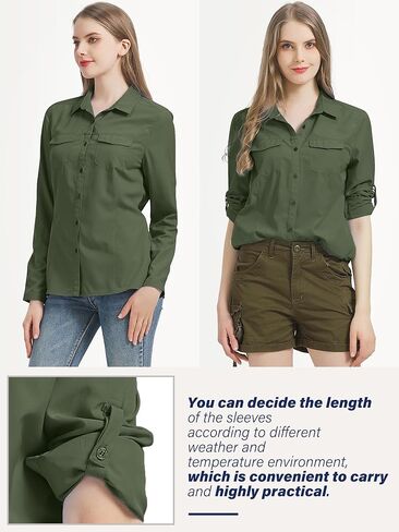 قمصان سفاري للسيدات بعامل حماية من أشعة الشمس 50+، سريعة الجفاف وخفيفة الوزن للاستخدام الخارجي وصيد الأسماك والمشي لمسافات طويلة والسفر مع جيوب بسحاب، 5073 Army XL in Kuwait