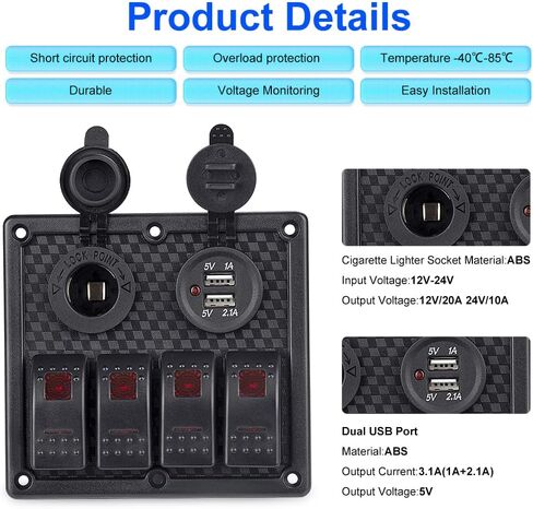 WATERWICH Marine Car Boat 4 Gang Rocker Switch Panel with Dual USB Charger Slot & Cigarette Lighter Socket for RV Vehicle Truck Yacht in Saudi Arabia