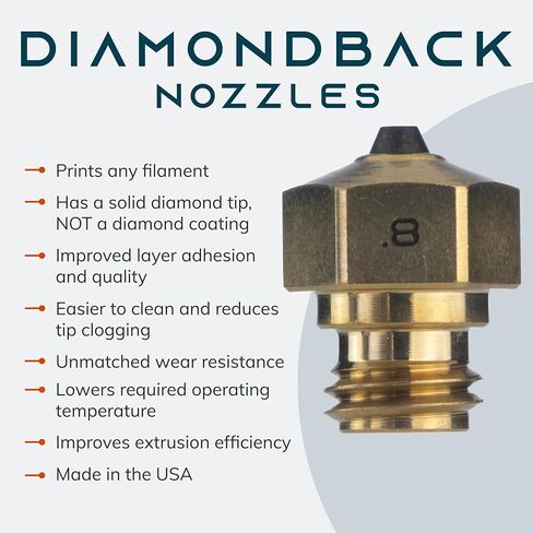 Diamondback Nozzles – MK10 PTFE Tube Compatible – Polycrystalline Solid Diamond Tip 3D Printer Nozzles, Improved Extrusion, Any Filament, Long Life, Wear Resistant, USA Made (0.4mm) in Saudi Arabia