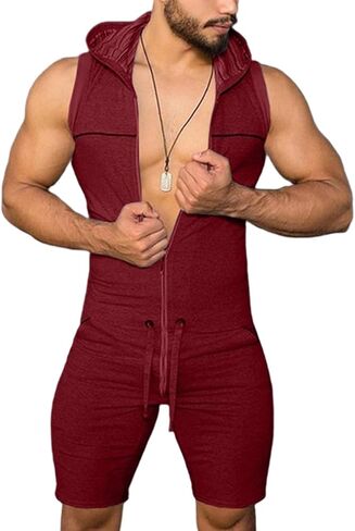 SOMTHRON Men's Jumpsuits One Piece Shorts Sleeveless Hooded Romper Tracksuit Zipper Drawstring Waist Slim Fit Onesie Bodysuit in Saudi Arabia