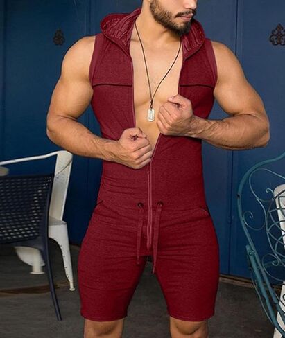 SOMTHRON Men's Jumpsuits One Piece Shorts Sleeveless Hooded Romper Tracksuit Zipper Drawstring Waist Slim Fit Onesie Bodysuit in Saudi Arabia