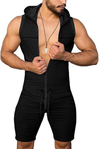 SOMTHRON Men's Jumpsuits One Piece Shorts Sleeveless Hooded Romper Tracksuit Zipper Drawstring Waist Slim Fit Onesie Bodysuit in Saudi Arabia