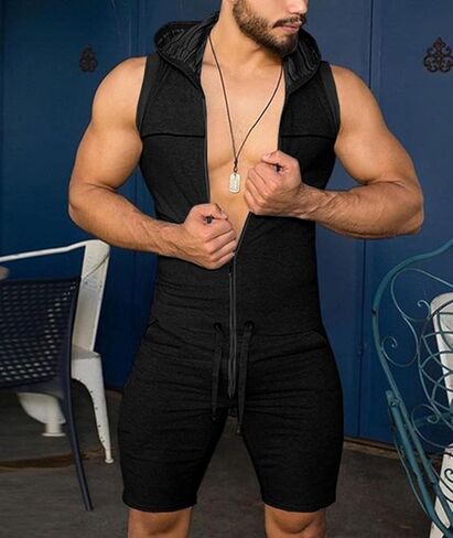 SOMTHRON Men's Jumpsuits One Piece Shorts Sleeveless Hooded Romper Tracksuit Zipper Drawstring Waist Slim Fit Onesie Bodysuit in Saudi Arabia