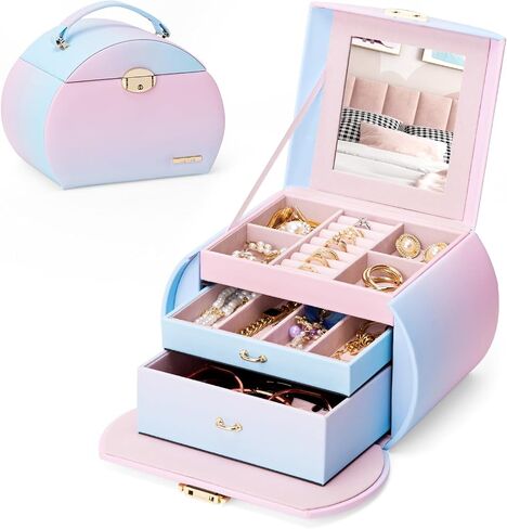 Homde Girls Jewelry Box Jewelry Storage Case Organizer with Mirror for Rings, Earrings, Bracelets, Necklaces (Blue - Pink Gradient + Gold) in Saudi Arabia
