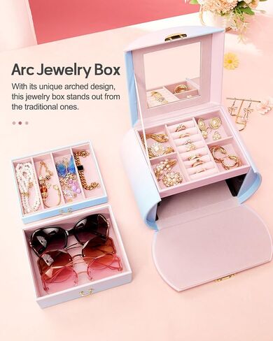 Homde Girls Jewelry Box Jewelry Storage Case Organizer with Mirror for Rings, Earrings, Bracelets, Necklaces (Blue - Pink Gradient + Gold) in Saudi Arabia