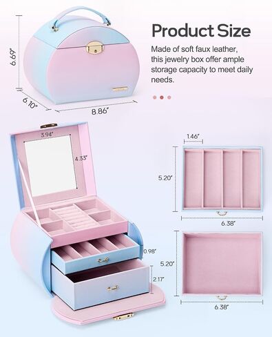 Homde Girls Jewelry Box Jewelry Storage Case Organizer with Mirror for Rings, Earrings, Bracelets, Necklaces (Blue - Pink Gradient + Gold) in Saudi Arabia