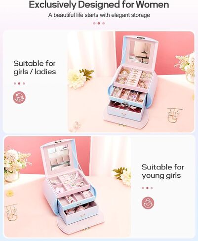 Homde Girls Jewelry Box Jewelry Storage Case Organizer with Mirror for Rings, Earrings, Bracelets, Necklaces (Blue - Pink Gradient + Gold) in Saudi Arabia