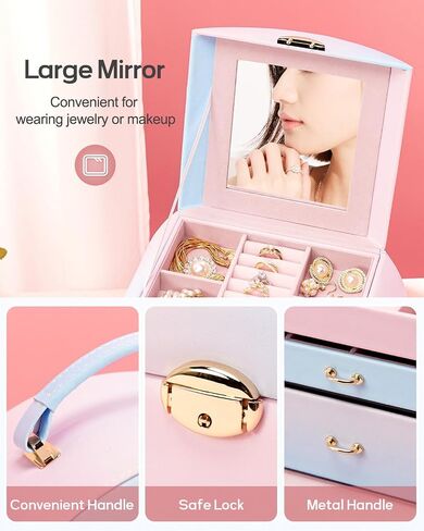 Homde Girls Jewelry Box Jewelry Storage Case Organizer with Mirror for Rings, Earrings, Bracelets, Necklaces (Blue - Pink Gradient + Gold) in Saudi Arabia