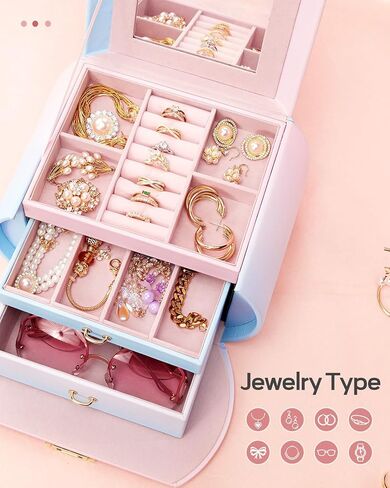 Homde Girls Jewelry Box Jewelry Storage Case Organizer with Mirror for Rings, Earrings, Bracelets, Necklaces (Blue - Pink Gradient + Gold) in Saudi Arabia