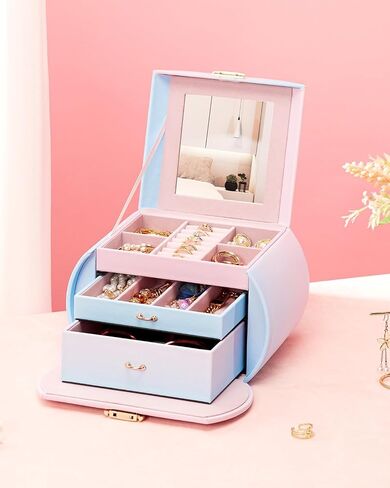 Homde Girls Jewelry Box Jewelry Storage Case Organizer with Mirror for Rings, Earrings, Bracelets, Necklaces (Blue - Pink Gradient + Gold) in Saudi Arabia
