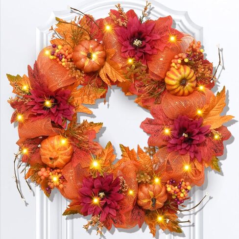 Fall Wreaths for Front Door - 20" Artificial Autumn Wreath with Lights, Mesh Ribbon Pumpkin Dahlia Maple Leaves Berries for Home Porch Wall Window Halloween Thanksgiving Indoor Outdoor Decor in Saudi Arabia