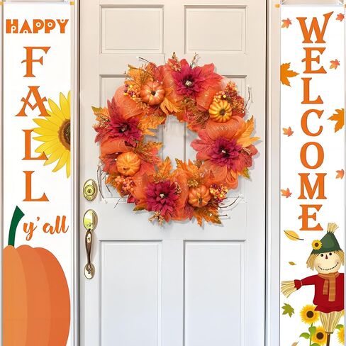 Fall Wreaths for Front Door - 20" Artificial Autumn Wreath with Lights, Mesh Ribbon Pumpkin Dahlia Maple Leaves Berries for Home Porch Wall Window Halloween Thanksgiving Indoor Outdoor Decor in Saudi Arabia