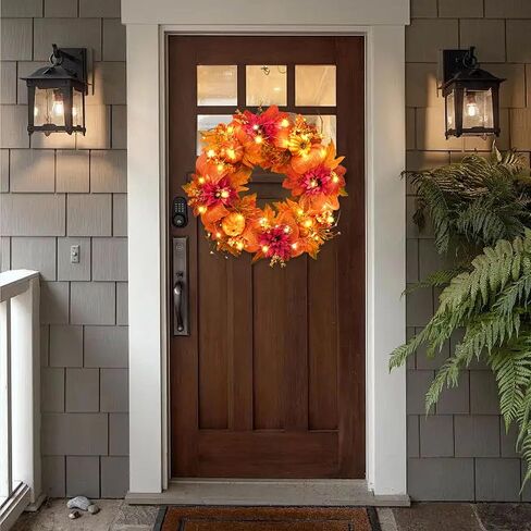 Fall Wreaths for Front Door - 20" Artificial Autumn Wreath with Lights, Mesh Ribbon Pumpkin Dahlia Maple Leaves Berries for Home Porch Wall Window Halloween Thanksgiving Indoor Outdoor Decor in Saudi Arabia