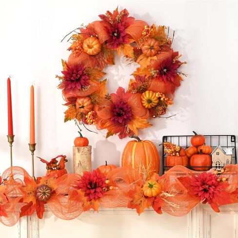 Fall Wreaths for Front Door - 20" Artificial Autumn Wreath with Lights, Mesh Ribbon Pumpkin Dahlia Maple Leaves Berries for Home Porch Wall Window Halloween Thanksgiving Indoor Outdoor Decor in Saudi Arabia