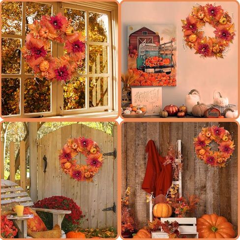 Fall Wreaths for Front Door - 20" Artificial Autumn Wreath with Lights, Mesh Ribbon Pumpkin Dahlia Maple Leaves Berries for Home Porch Wall Window Halloween Thanksgiving Indoor Outdoor Decor in Saudi Arabia