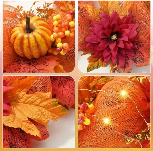 Fall Wreaths for Front Door - 20" Artificial Autumn Wreath with Lights, Mesh Ribbon Pumpkin Dahlia Maple Leaves Berries for Home Porch Wall Window Halloween Thanksgiving Indoor Outdoor Decor in Saudi Arabia