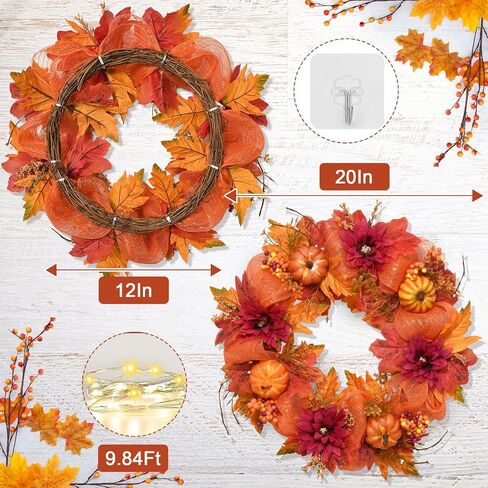 Fall Wreaths for Front Door - 20" Artificial Autumn Wreath with Lights, Mesh Ribbon Pumpkin Dahlia Maple Leaves Berries for Home Porch Wall Window Halloween Thanksgiving Indoor Outdoor Decor in Saudi Arabia