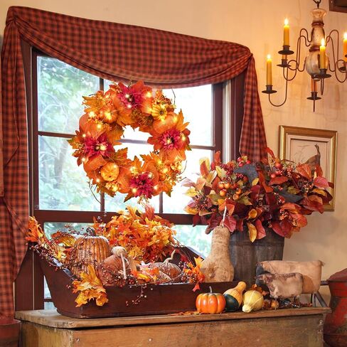 Fall Wreaths for Front Door - 20" Artificial Autumn Wreath with Lights, Mesh Ribbon Pumpkin Dahlia Maple Leaves Berries for Home Porch Wall Window Halloween Thanksgiving Indoor Outdoor Decor in Saudi Arabia
