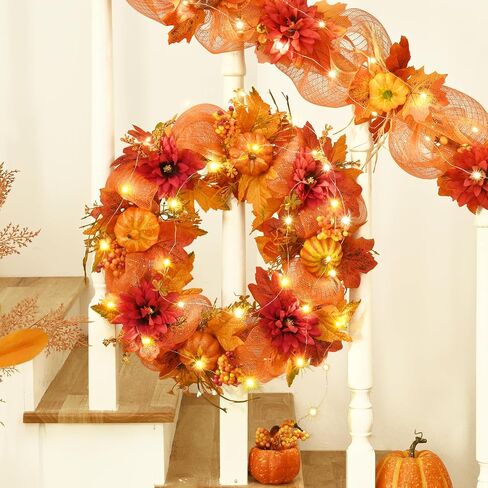 Fall Wreaths for Front Door - 20" Artificial Autumn Wreath with Lights, Mesh Ribbon Pumpkin Dahlia Maple Leaves Berries for Home Porch Wall Window Halloween Thanksgiving Indoor Outdoor Decor in Saudi Arabia